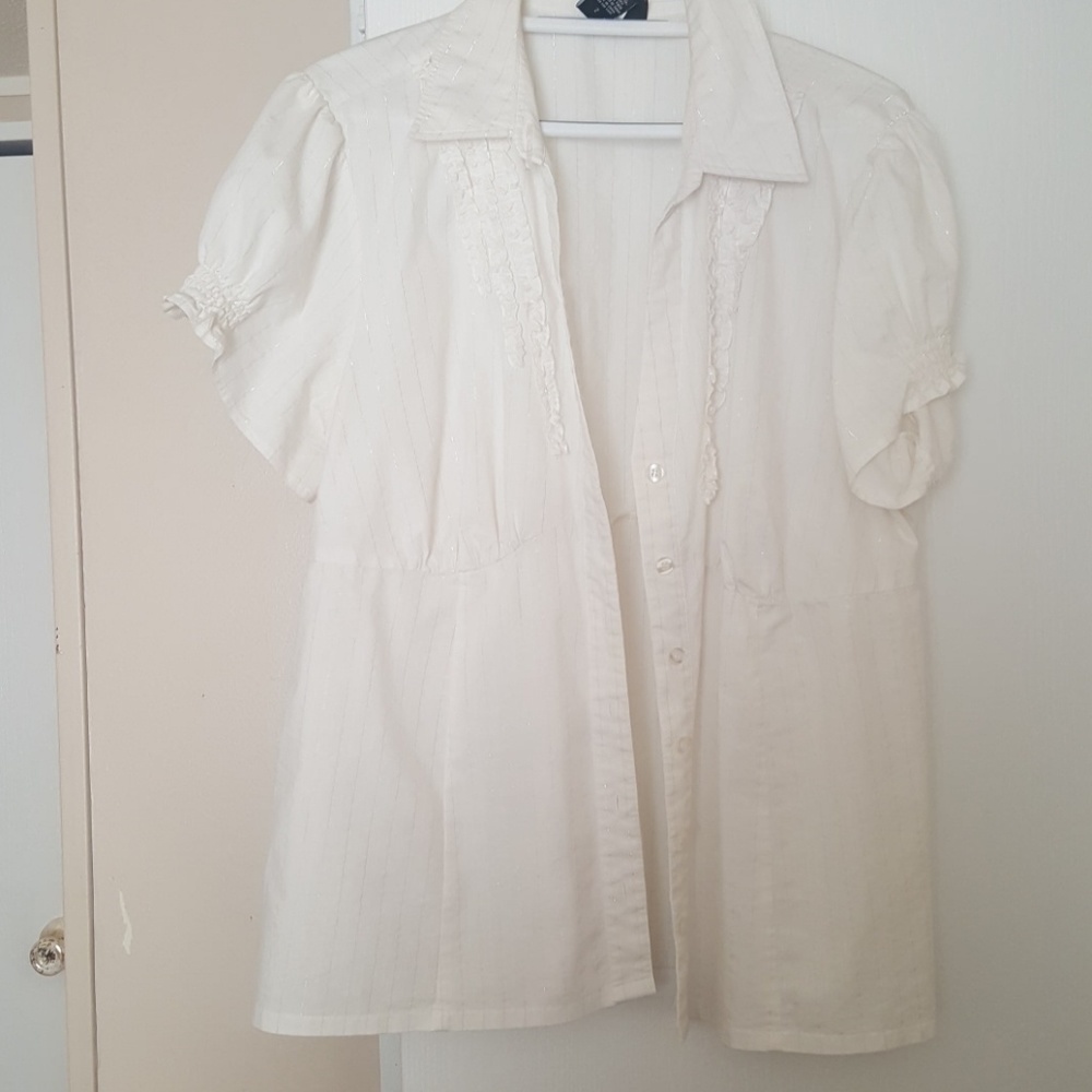 White button up ruffle front blouse